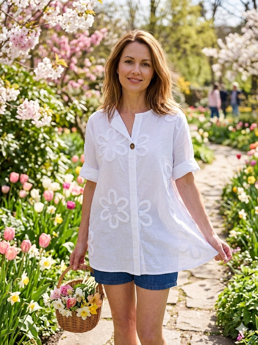 Romantische, pfiffige Baumwoll-Bluse in Weiß, locker geschnittene Einheitsgröße M/XL