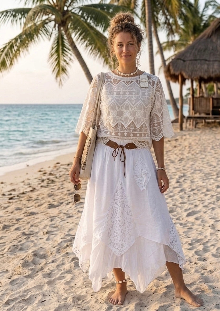 Romantischer Spitzen-Boho-Lagenlook Rock, Gipsy Style, Ibiza Look, viel Spitze (One Size S-XL)