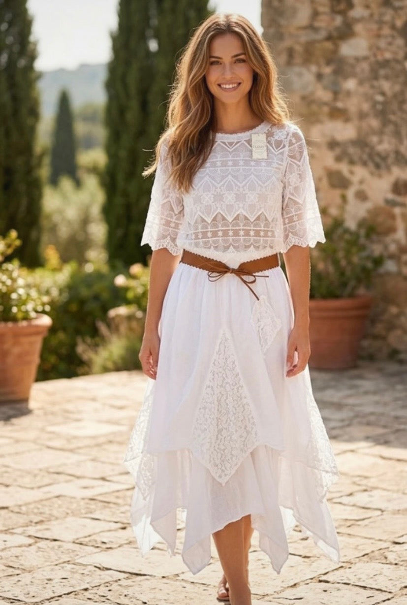 Romantischer Spitzen-Boho-Lagenlook Rock, Gipsy Style, Ibiza Look, viel Spitze (One Size S-XL)