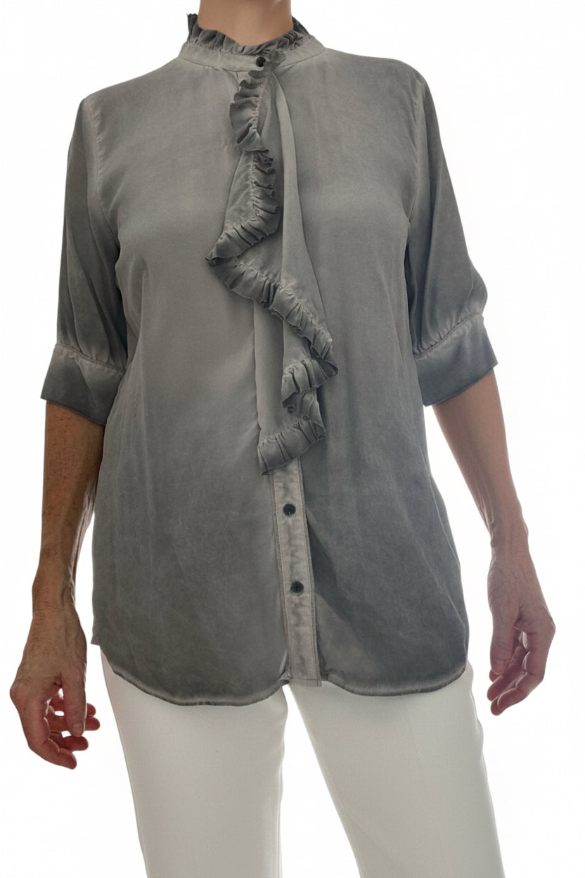 Liebeskind Berlin Bluse Gr. 42 Seidiger Touch – Vintage Grau mit Rüschen (minimaler Schönheitsfehler)