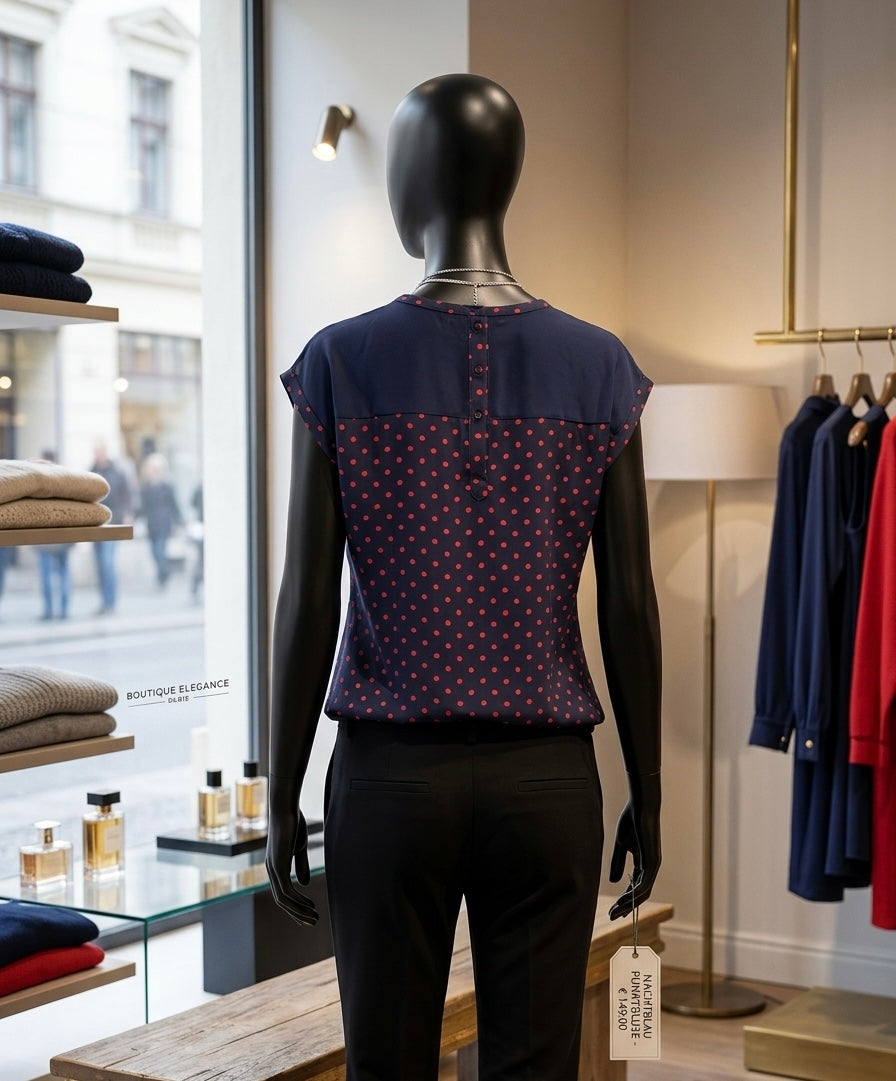 Sportlich-elegante marineblau Seidenbluse mit Dots in Pink Gr M/L