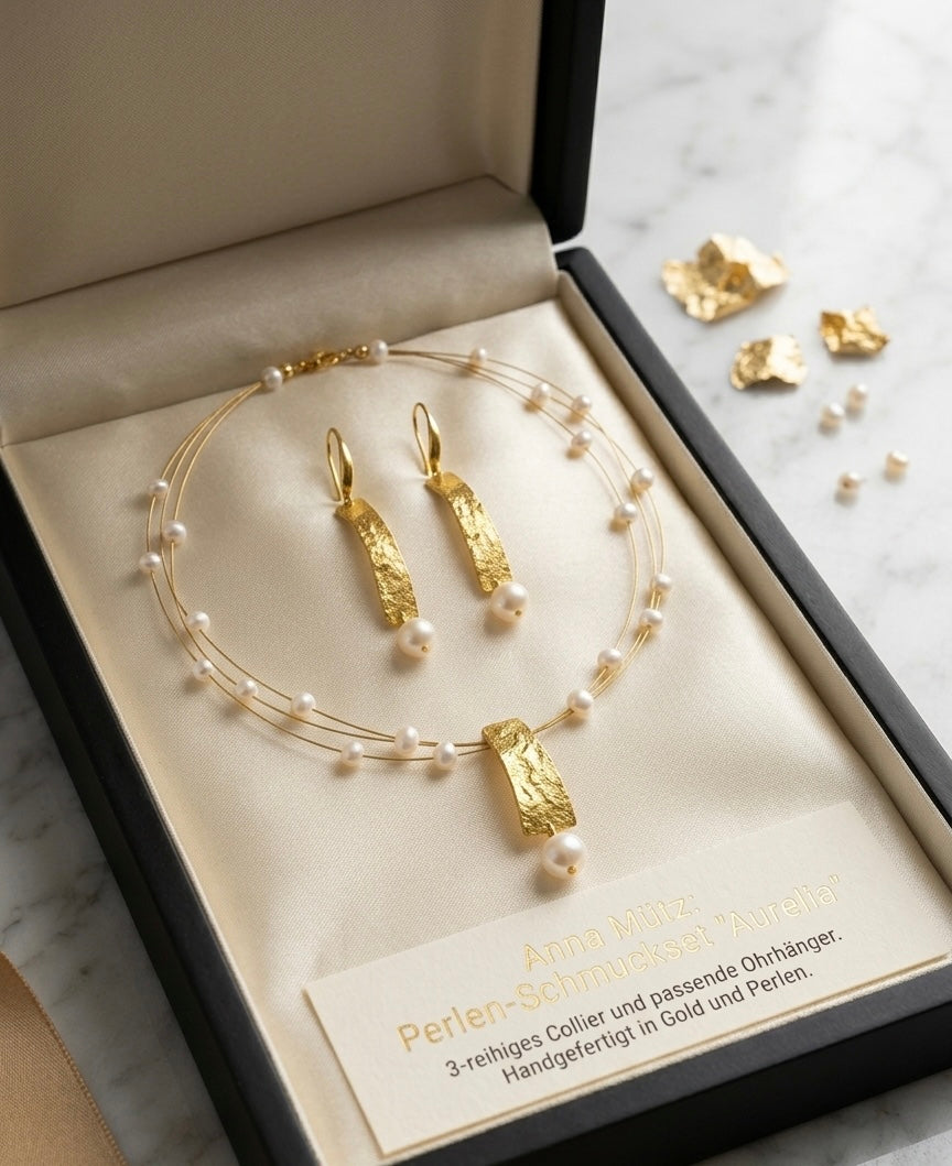 Exklusives handgearbeitetes Schmuck-Set „Aurelia" 24 Karat vergoldet mit echten Perlen (Design Anna Mütz)