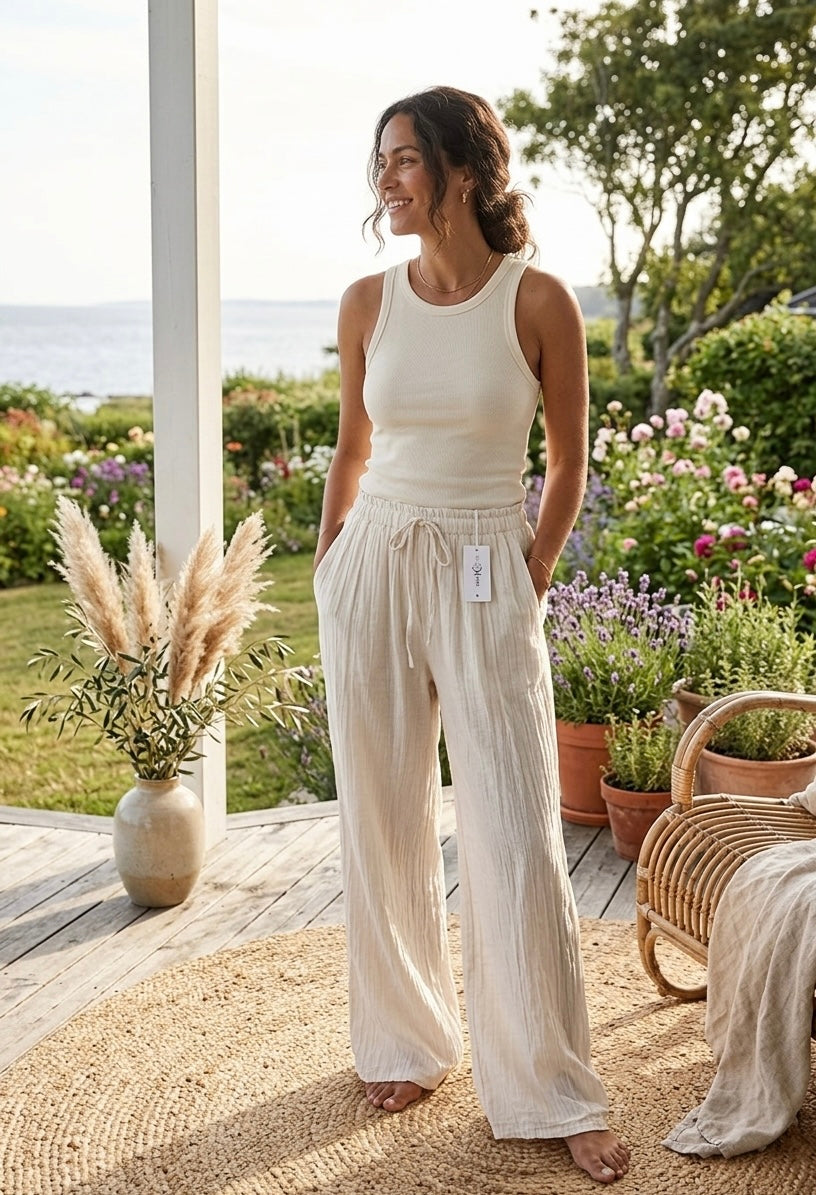 Sommerliche Palazzo-Hose in Off-White – Crinkle-Optik – One Size (Gr 38-44)