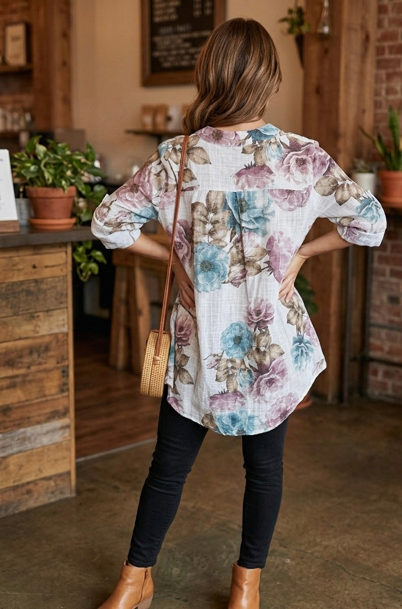 Romantische Sommer-Tunika/Bluse 100% Baumwolle, Leinenoptik,
M-XL
