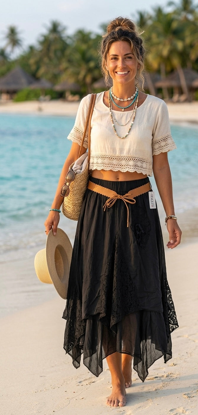 Romantischer Spitzen-Boho-Lagenlook Rock, Gipsy Style, Ibiza Look, viel Spitze (One Size S-XL)