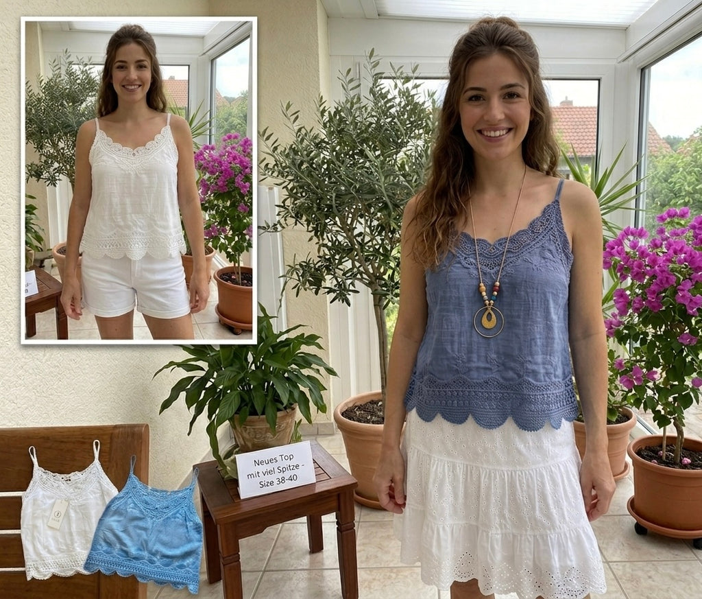 Sommer-Top im Boho/ Ibiza Style mit leichter Batik-Optik und edler Spitze, kleine Einheitsgröße S/M