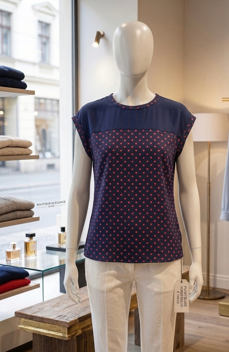 Sportlich-elegante marineblau Seidenbluse mit Dots in Pink Gr M/L