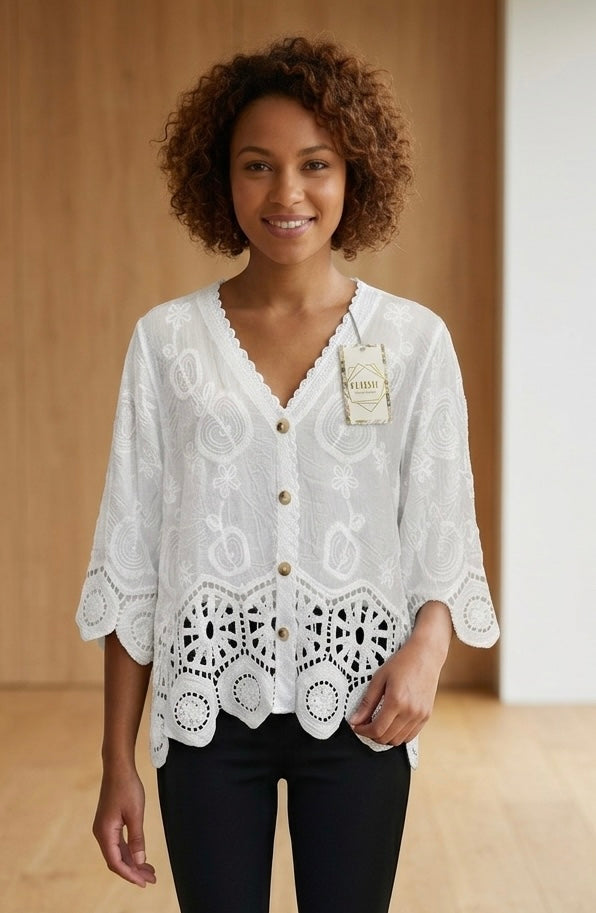 Traumhafte weiße Boho-Bluse, Jäckchen, Bolero, Ibiza Style, lockere Einheitsgröße M-XXL