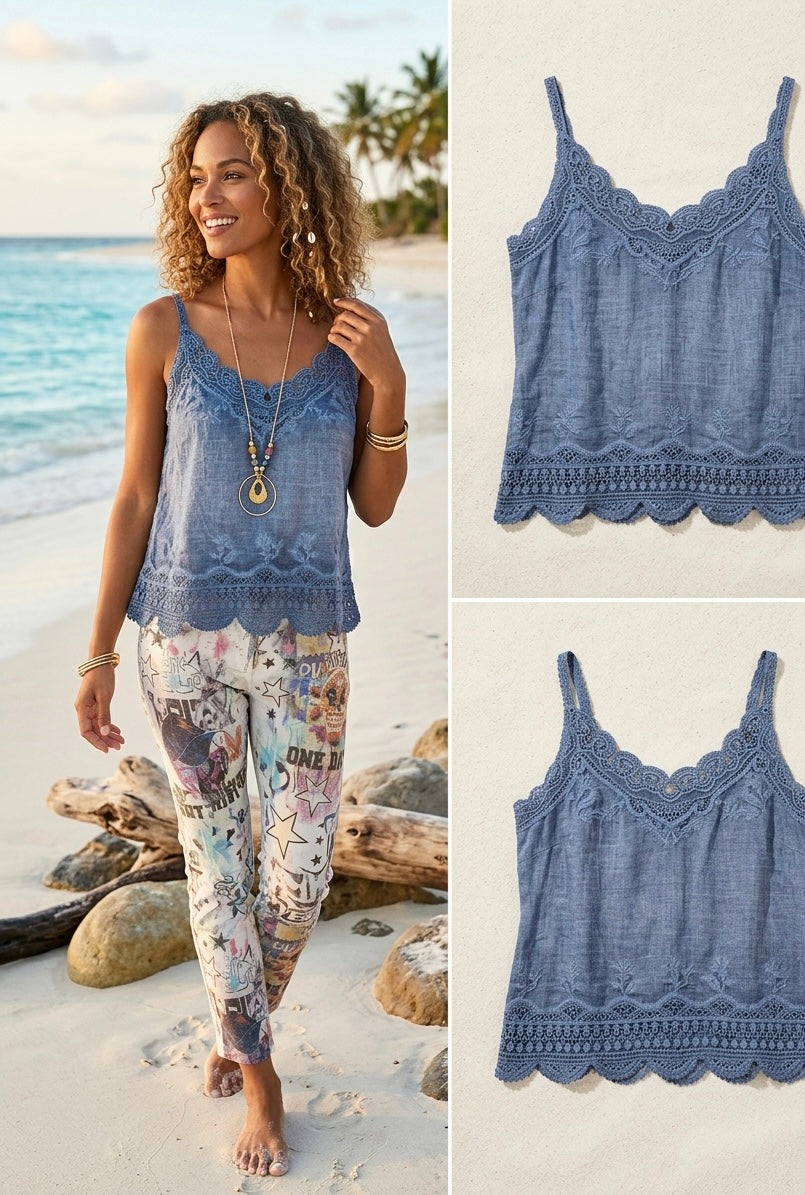 Sommer-Top im Boho/ Ibiza Style mit leichter Batik-Optik und edler Spitze, kleine Einheitsgröße S/M