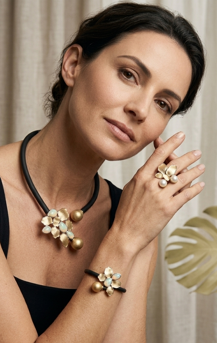 Collier "Leaves" von der Designerin Anna Mütz (tricolor), passt sich jedem Ausschnitt an und unterstreicht ein zauberhaftes Dekollete
