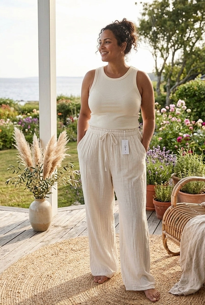 Sommerliche Palazzo-Hose in Off-White – Crinkle-Optik – One Size (Gr 38-44)