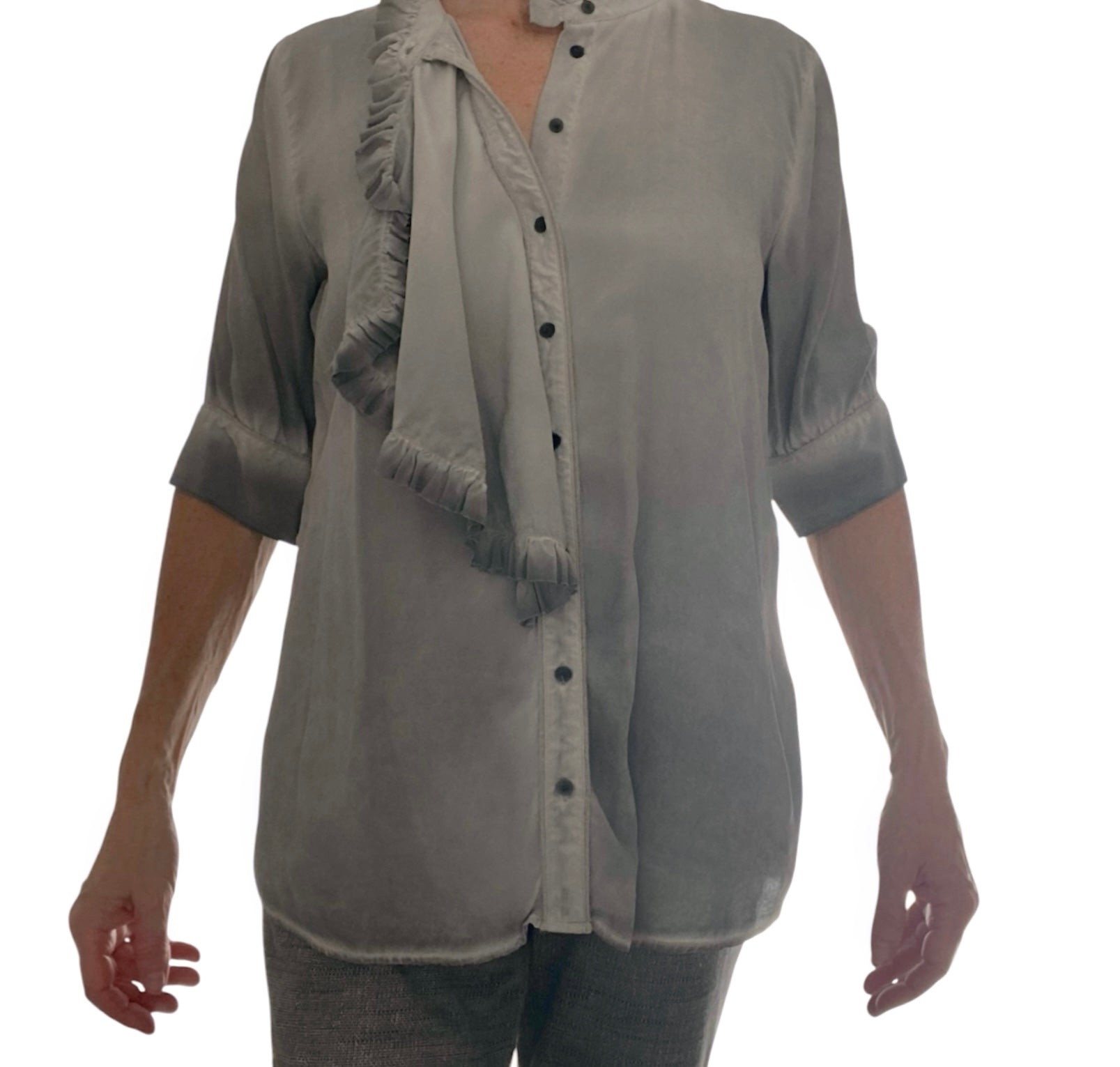 Liebeskind Berlin Bluse Gr. 42 Seidiger Touch – Vintage Grau mit Rüschen (minimaler Schönheitsfehler)