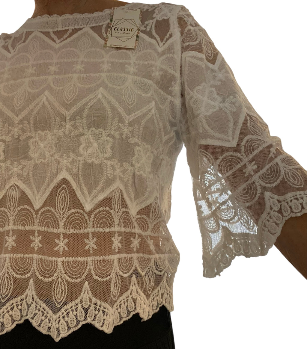Boho-Spitzenbluse, strahlendes  Weiß, romantisch & verspielt - kleine Einheitsgröße (S/M)