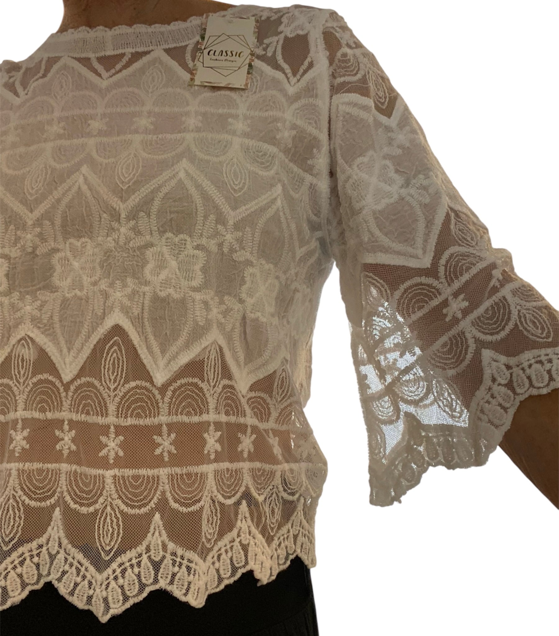 Boho-Spitzenbluse, strahlendes  Weiß, romantisch & verspielt - kleine Einheitsgröße (S/M)