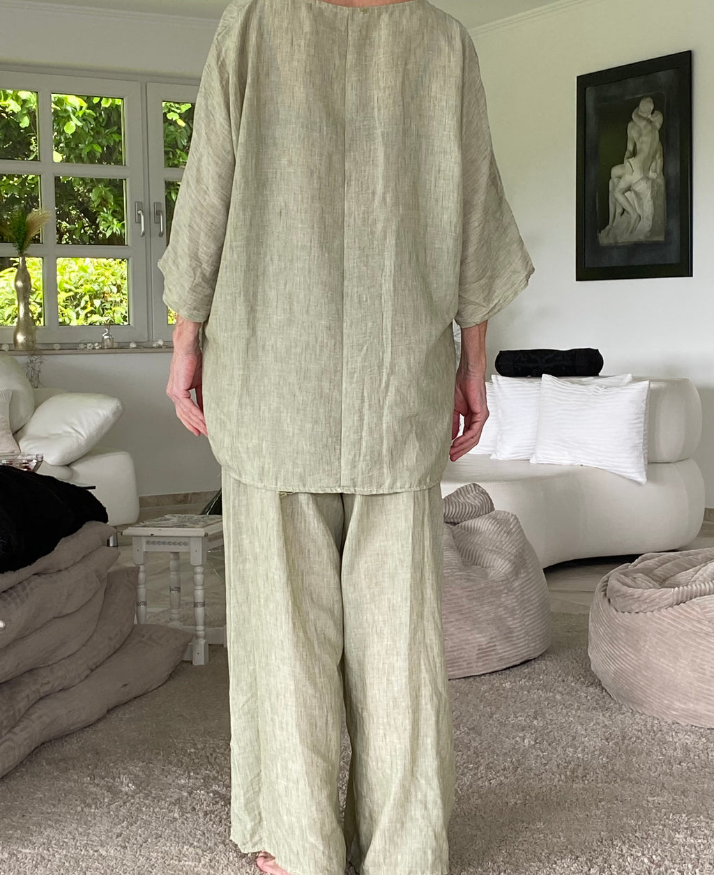 Lässiges Sommer-Set (Zweiteiler) – Einheitsgröße (Oversize 38-48) in frischem Hellgrün/Salbei , Jeansblau, Schwarz oder Weiss