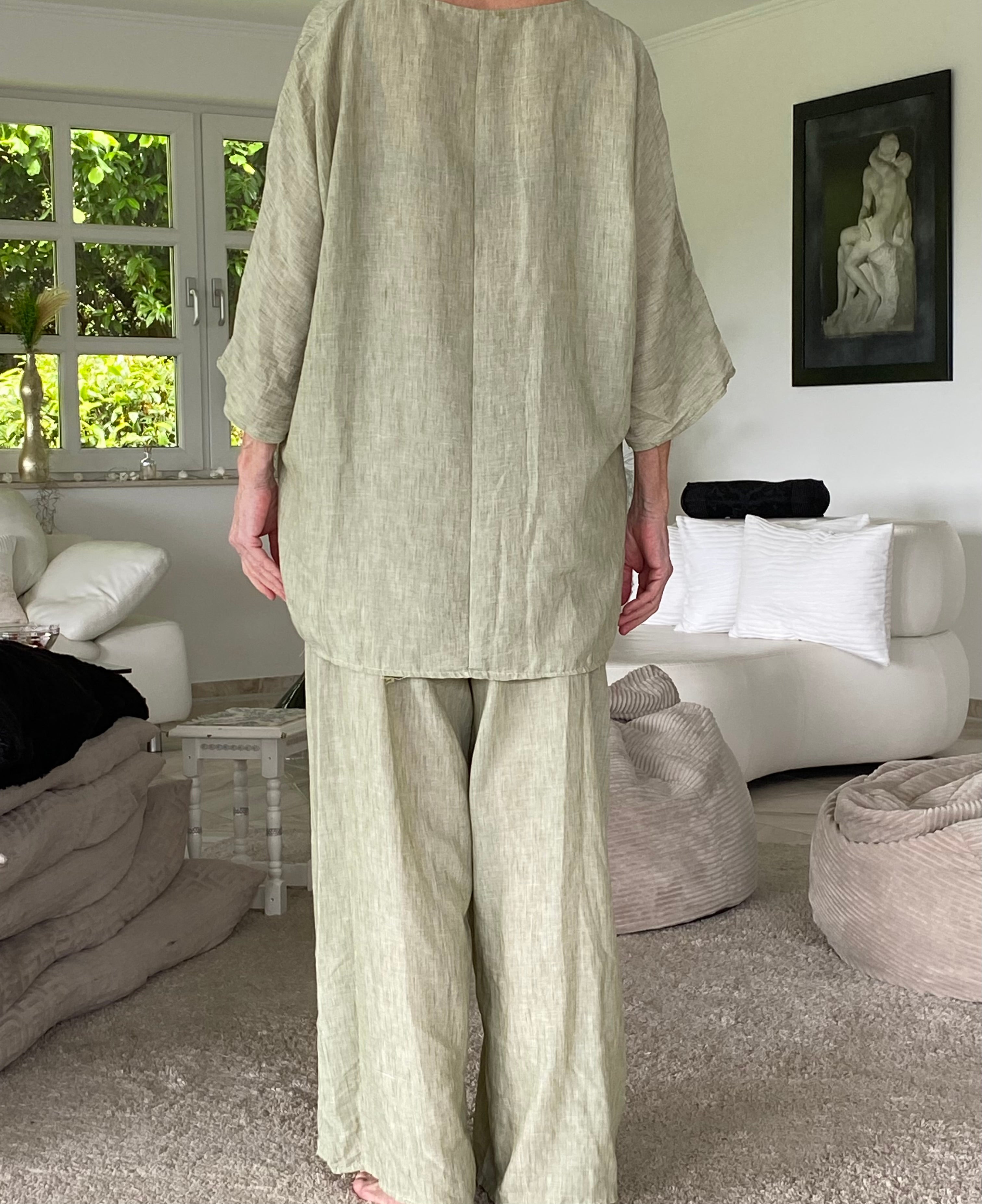 Lässiges Sommer-Set (Zweiteiler) – Einheitsgröße (Oversize 38-48) in frischem Hellgrün/Salbei , Jeansblau, Schwarz oder Weiss