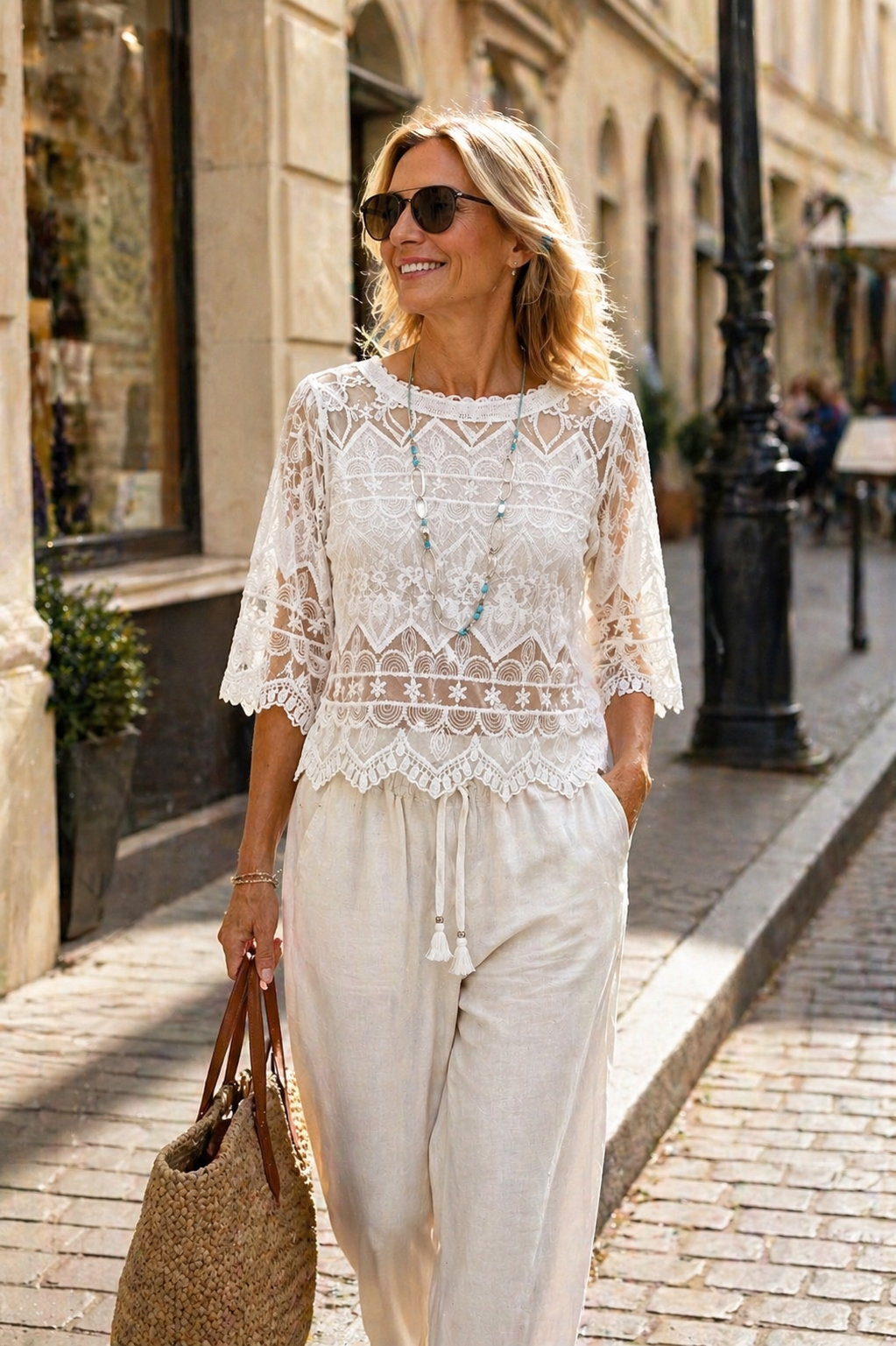 Boho-Spitzenbluse, strahlendes  Weiß, romantisch & verspielt - kleine Einheitsgröße (S/M)