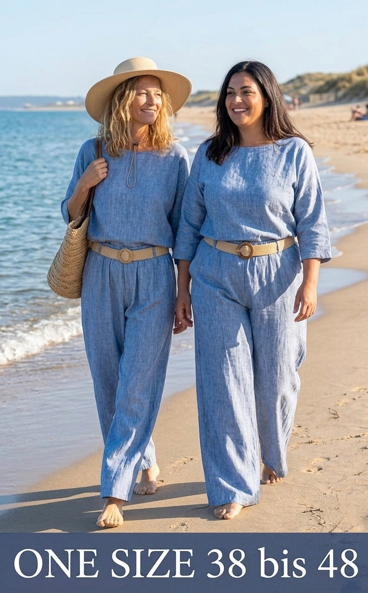 Lässiges Sommer-Set (Zweiteiler) – Einheitsgröße (Oversize 38-48) in frischem Hellgrün/Salbei , Jeansblau, Schwarz oder Weiss
