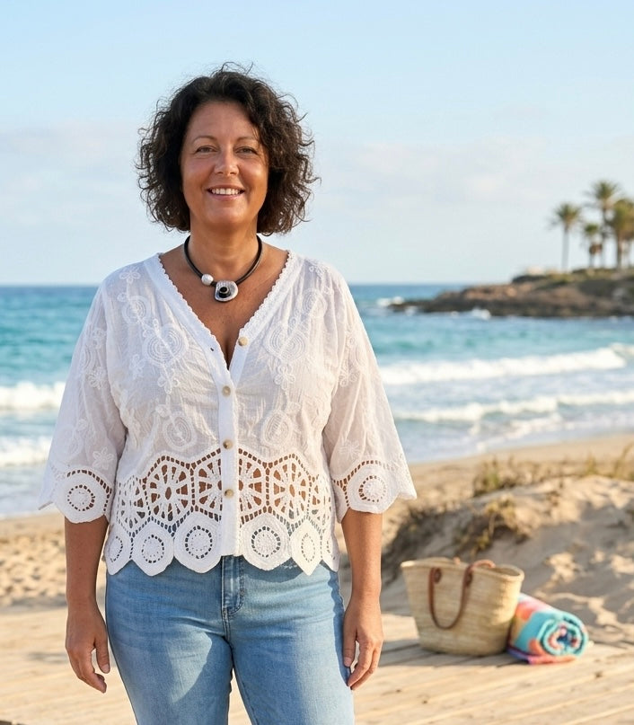 Traumhafte weiße Boho-Bluse, Jäckchen, Bolero, Ibiza Style, lockere Einheitsgröße M-XXL