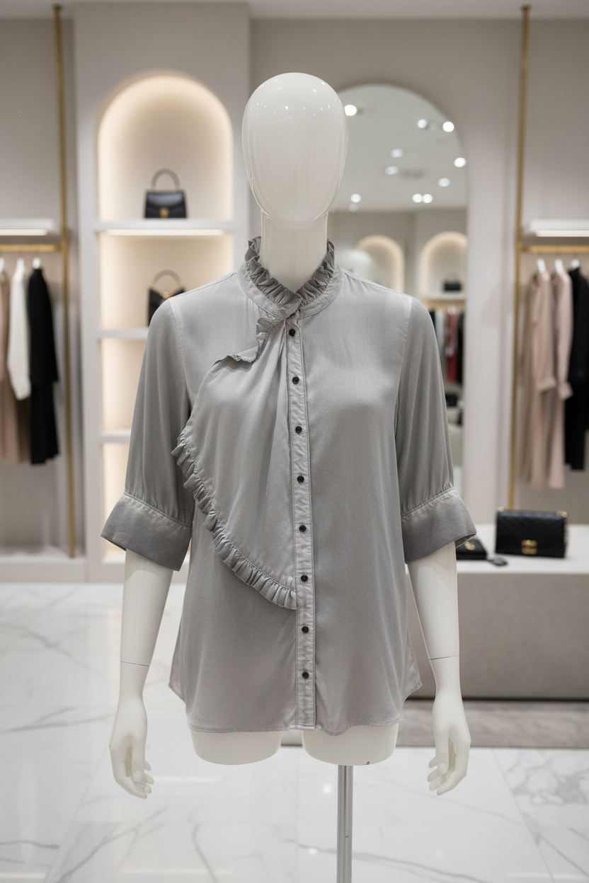 Liebeskind Berlin Bluse Gr. 42 Seidiger Touch – Vintage Grau mit Rüschen (minimaler Schönheitsfehler)