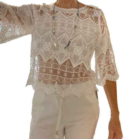 Boho-Spitzenbluse, strahlendes  Weiß, romantisch & verspielt - kleine Einheitsgröße (S/M)
