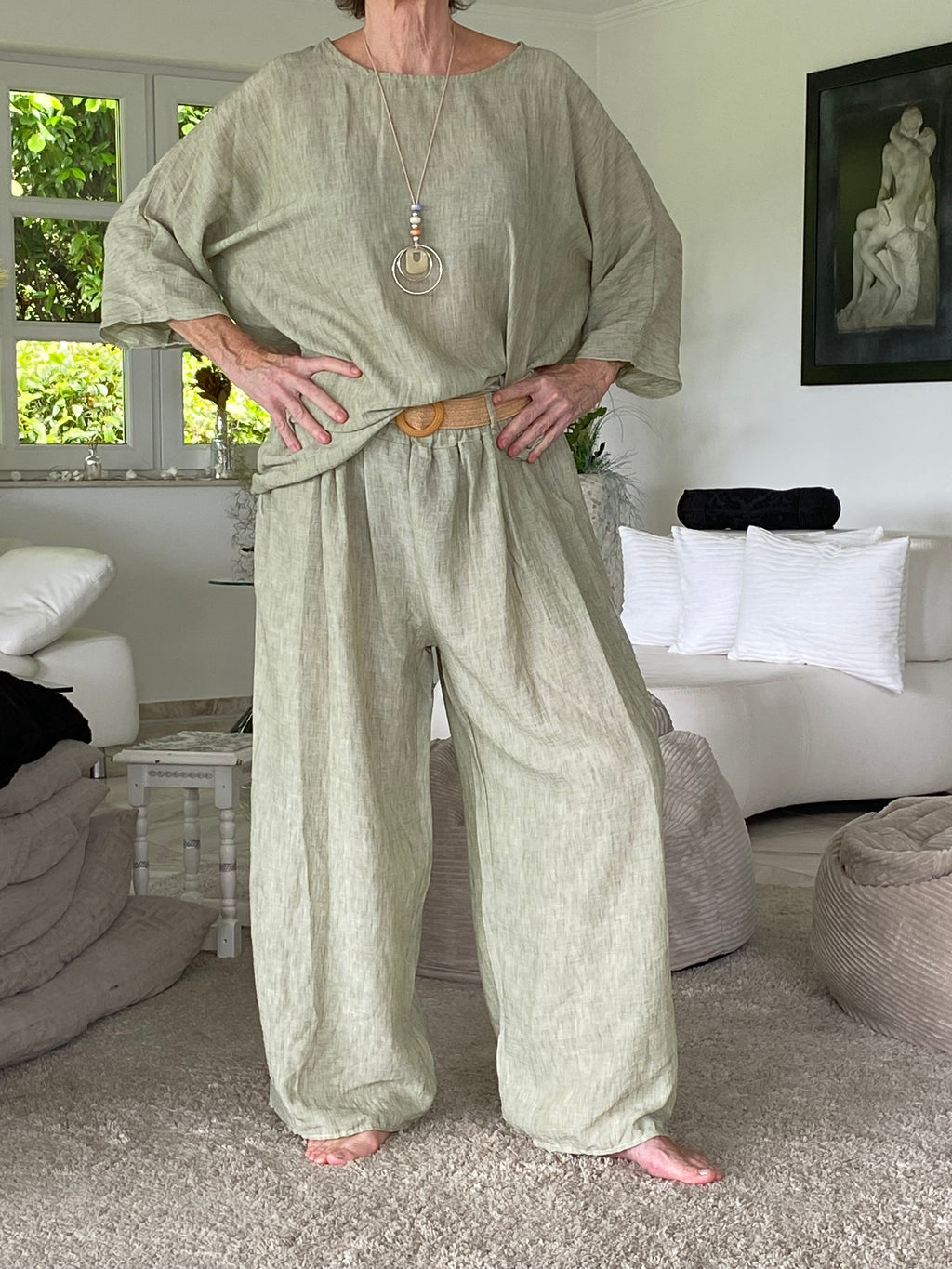 Lässiges Sommer-Set (Zweiteiler) – Einheitsgröße (Oversize 38-48) in frischem Hellgrün/Salbei , Jeansblau, Schwarz oder Weiss
