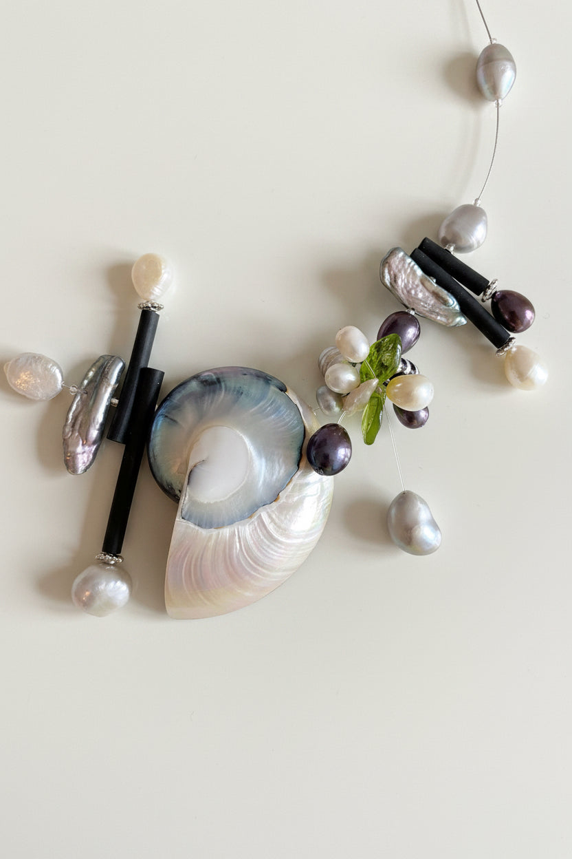 Maritimes Collier (Anna Mütz) mit Nautilus-Muschel & echten Perlen (Silber)