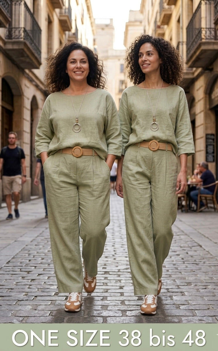 Lässiges Sommer-Set (Zweiteiler) – Einheitsgröße (Oversize 38-48) in frischem Hellgrün/Salbei , Jeansblau, Schwarz oder Weiss