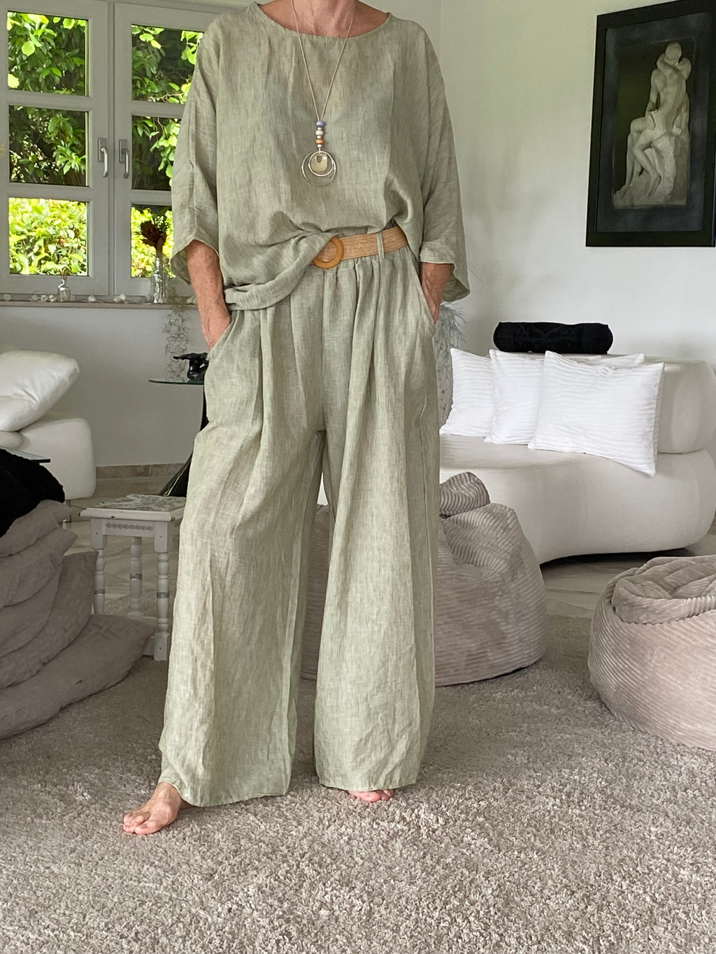Lässiges Sommer-Set (Zweiteiler) – Einheitsgröße (Oversize 38-48) in frischem Hellgrün/Salbei , Jeansblau, Schwarz oder Weiss