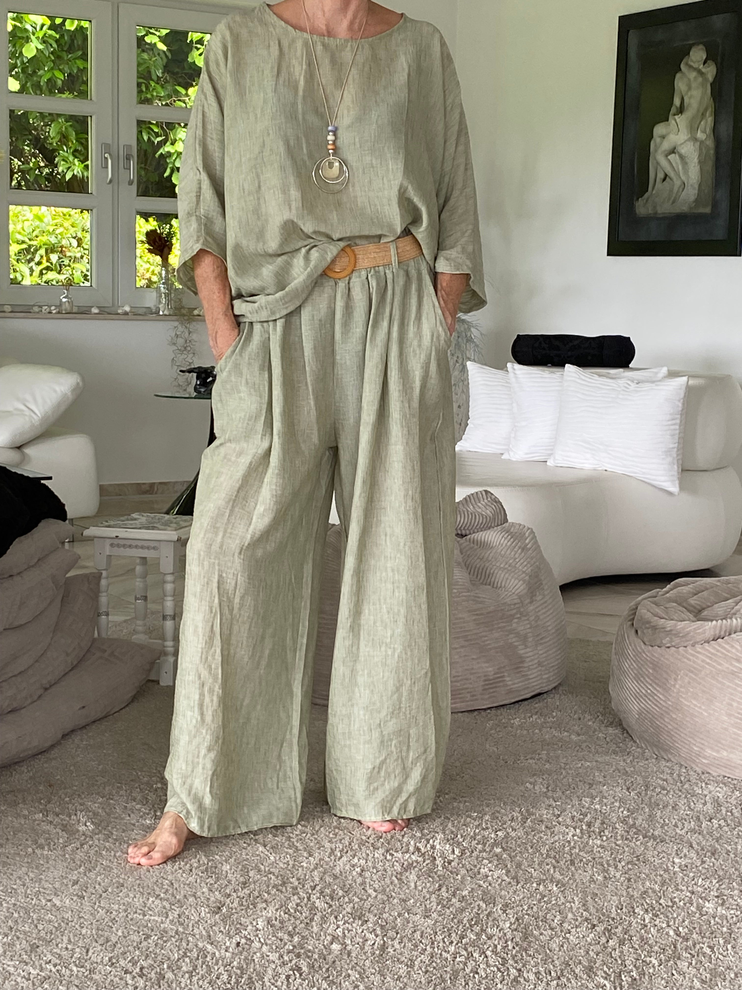 Lässiges Sommer-Set (Zweiteiler) – Einheitsgröße (Oversize 38-48) in frischem Hellgrün/Salbei , Jeansblau, Schwarz oder Weiss