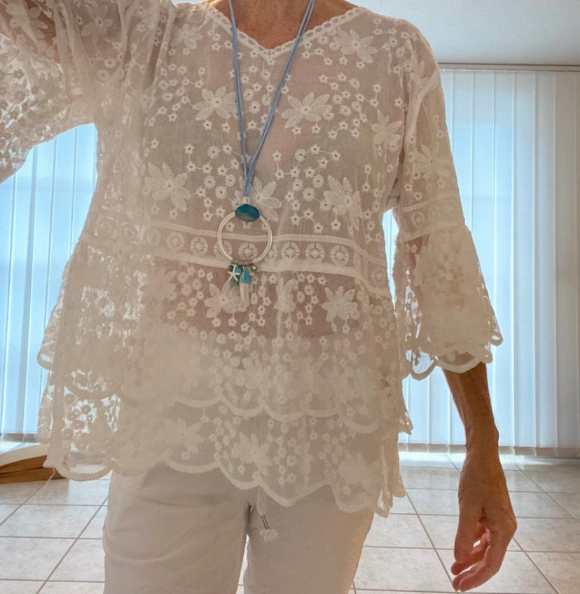 Traumhaft weite Boho-Lagenbluse, im Ibiza-Style, Gypsy-Chic in Off-White, 100% Baumwolle lockere Einheits Größe M-XXL