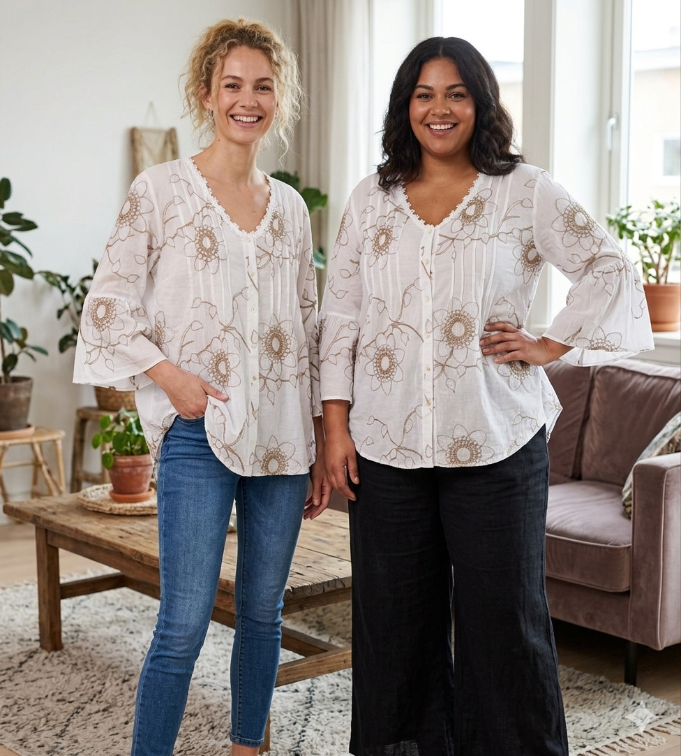 Romantische Eleganz:  neue Lieblingsbluse in A-Form mit floralen Akzenten und dezent-zartem Glitzer