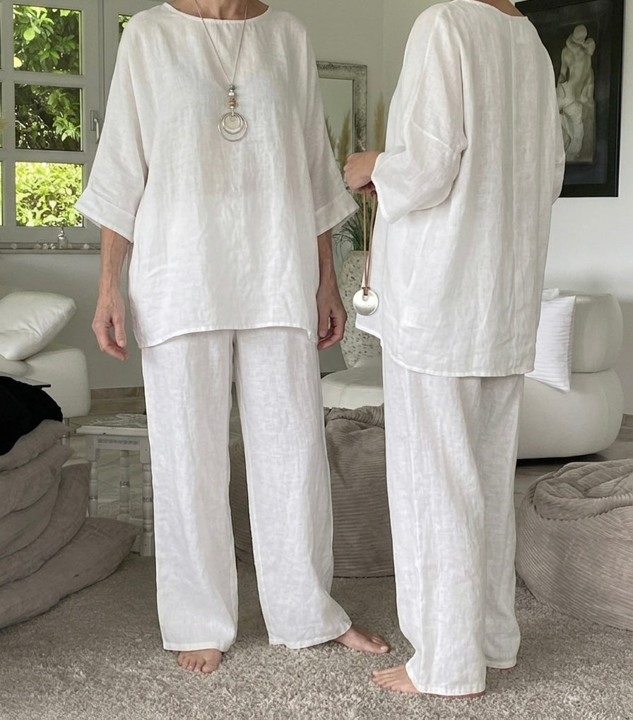 Lässiges Sommer-Set (Zweiteiler) – Einheitsgröße (Oversize 38-48) in frischem Hellgrün/Salbei , Jeansblau, Schwarz oder Weiss