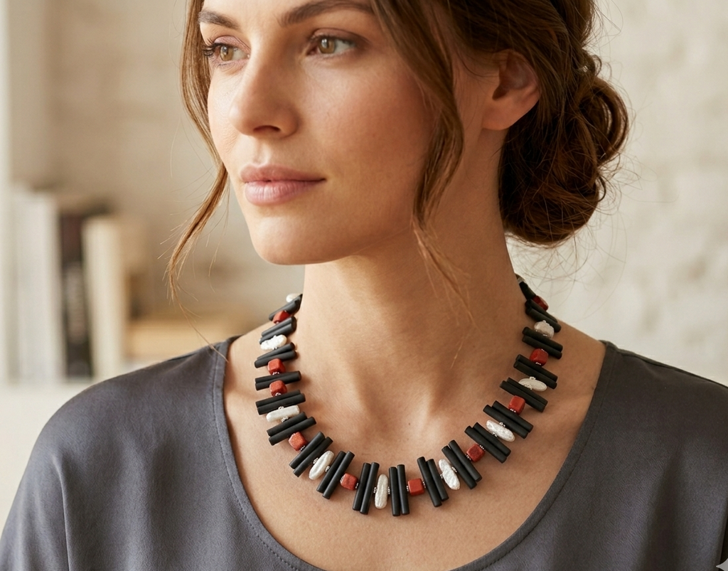 Collier von Designerin Anna Mütz – Kautschuk trifft Koralle & Perle
