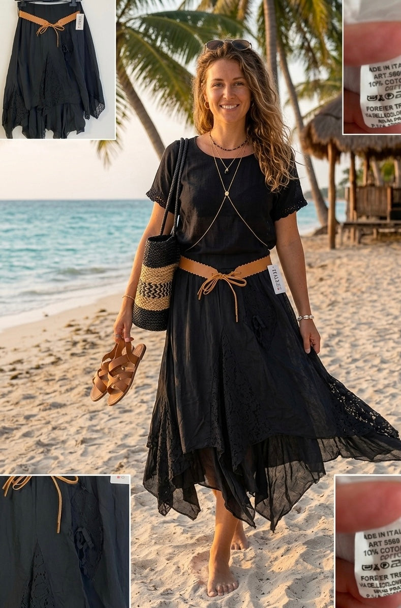 Romantischer Spitzen-Boho-Lagenlook Rock, Gipsy Style, Ibiza Look, viel Spitze (One Size S-XL)
