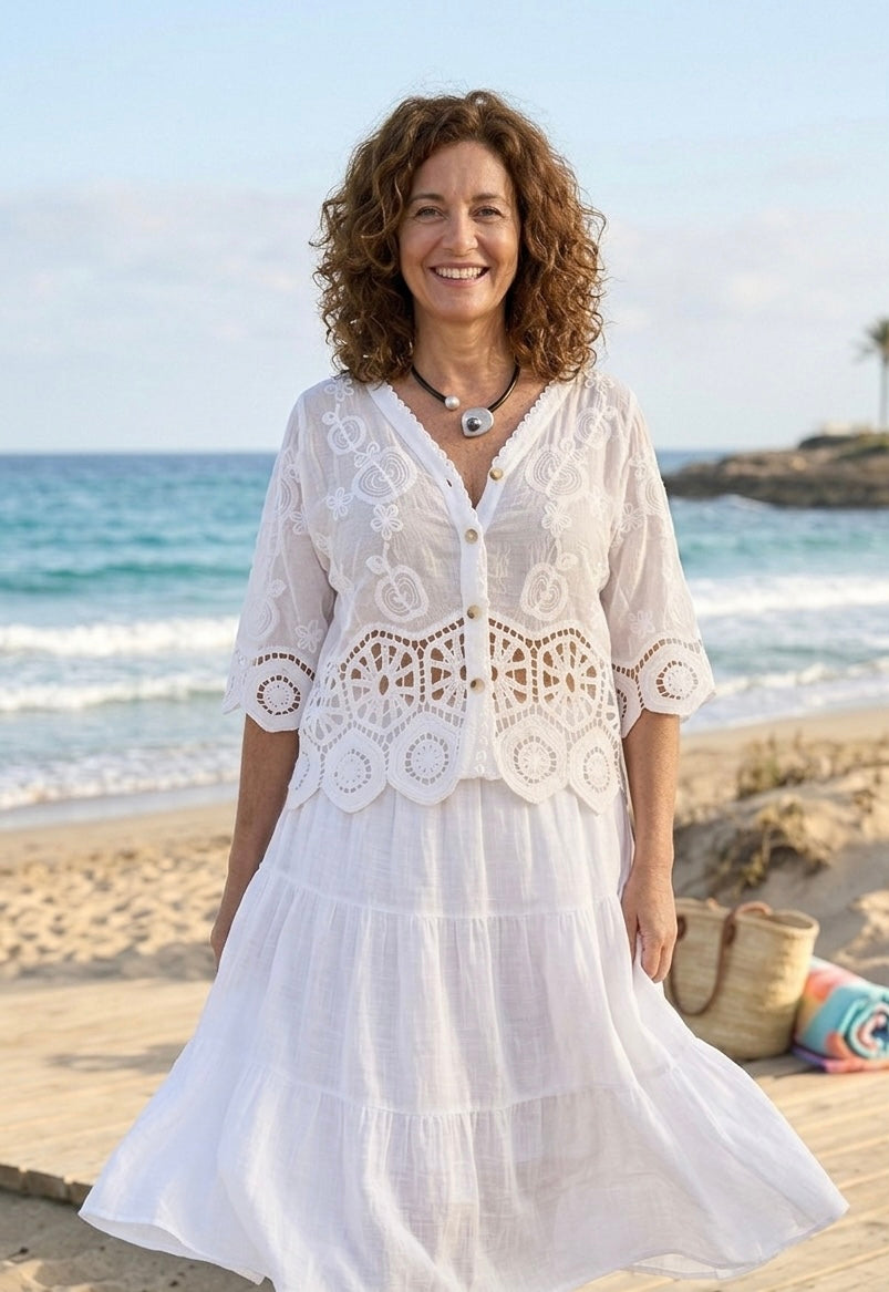 Traumhafte weiße Boho-Bluse, Jäckchen, Bolero, Ibiza Style, lockere Einheitsgröße M-XXL