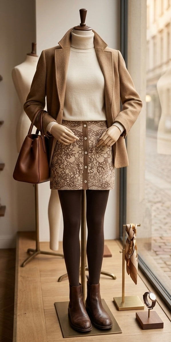 Marc Cain Minirock, Edles Spitzen-Muster, Braun/Beige N3, Gr.M / 38
