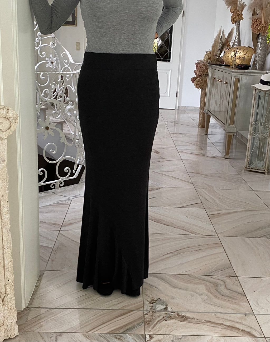 Karen Millen figurbetonender Maxi-Rock, Fishtail, knöchellang, ganz fein schwarz-grau meliert, Gr.40