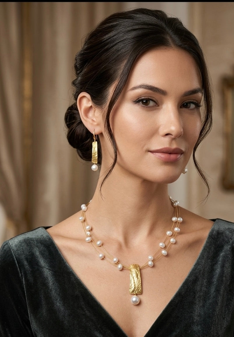 Exklusives handgearbeitetes Schmuck-Set „Aurelia" 24 Karat vergoldet mit echten Perlen (Design Anna Mütz)