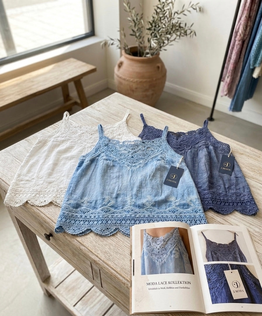 Sommer-Top im Boho/ Ibiza Style mit leichter Batik-Optik und edler Spitze, kleine Einheitsgröße S/M