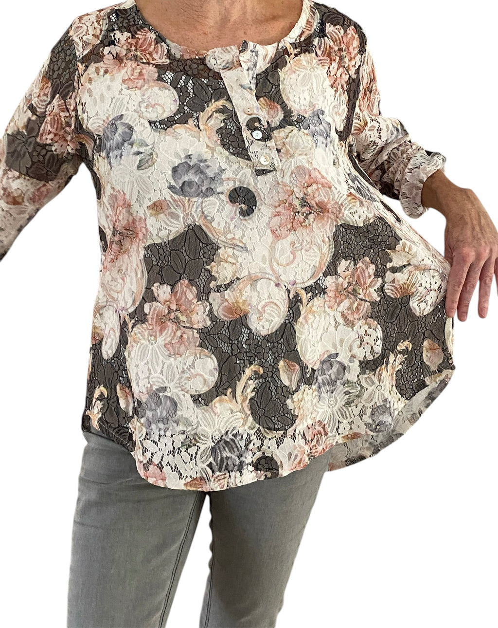 Sportlich, elegante Spitzen-Bluse mit passendem Top, locker geschnittene One-Size (M-XL) in verschiedenen Farbkompositionen vorrätig.