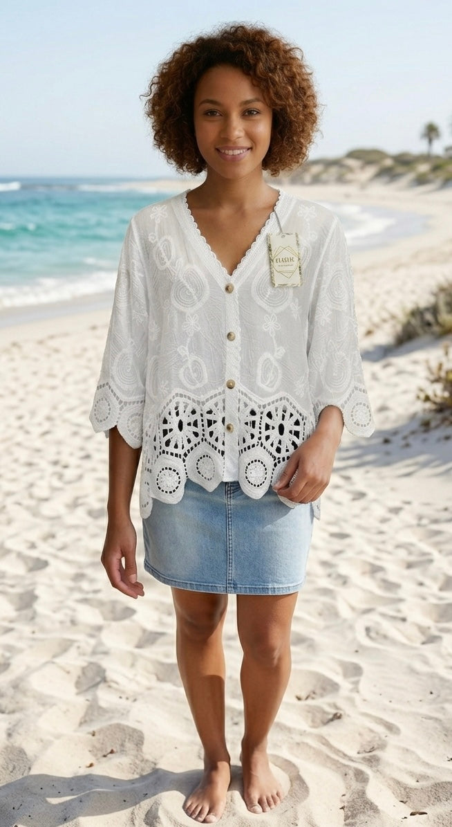Traumhafte weiße Boho-Bluse, Jäckchen, Bolero, Ibiza Style, lockere Einheitsgröße M-XXL