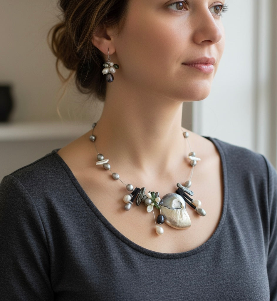 Maritimes Collier (Anna Mütz) mit Nautilus-Muschel & echten Perlen (Silber)