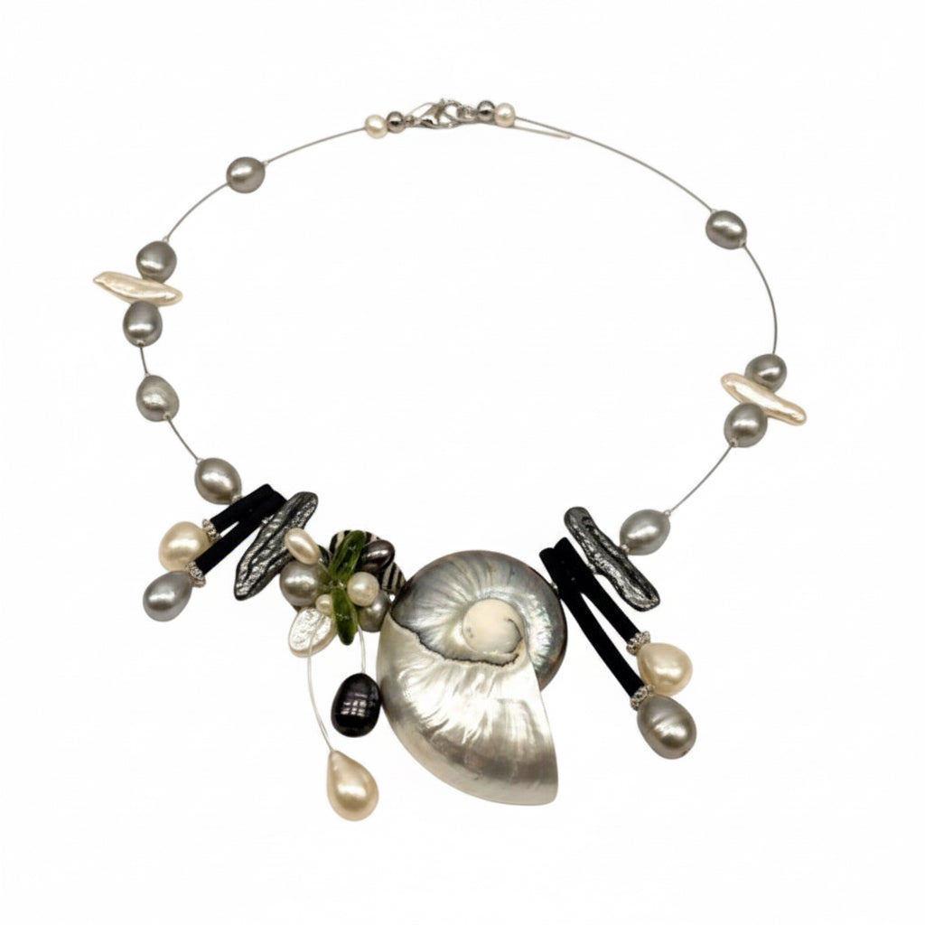 Maritimes Collier (Anna Mütz) mit Nautilus-Muschel & echten Perlen (Silber)