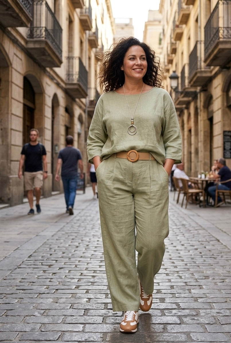 Lässiges Sommer-Set (Zweiteiler) – Einheitsgröße (Oversize 38-48) in frischem Hellgrün/Salbei , Jeansblau, Schwarz oder Weiss
