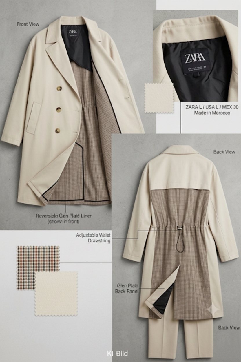 Neuer Zara Trenchcoat/Mantel, Ecru, Over-Size Größe L (38-52) ungetragen & besondere Details (Karo-Muster)