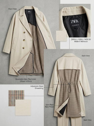 Neuer Zara Trenchcoat/Mantel, Ecru, Over-Size Größe L (38-52) ungetragen & besondere Details (Karo-Muster)